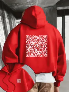 Men's Loose Fit Hoodie with Qr Code and Geometric Design, Fashion Long Sleeve Casual Sweatshirt, Daily Wear, Fall & Winter