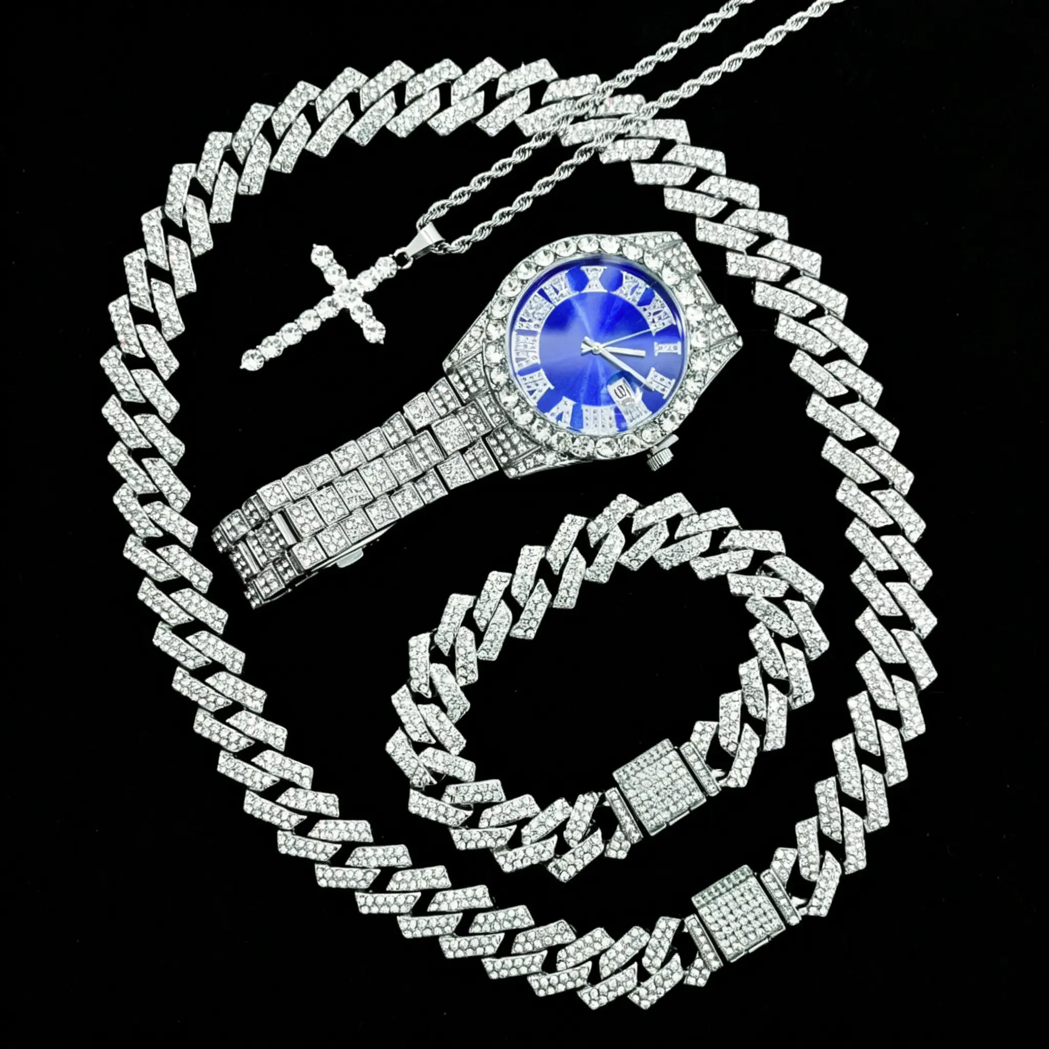 Iced Out Hip Hop Quartz Watch Set, Simulated Diamond Bling Wrist Watch with Cuban Link Chain Bracelet & Cross Necklace, Fashion Rapper Costume Jewelry Gift for Men