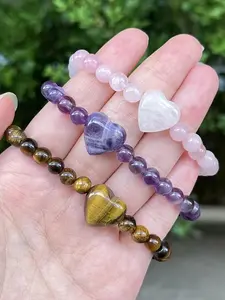 1pc Women's Natural Tiger's Eye, Rose Quartz, and Amethyst Bracelet - Bohemian Style Heart Bead Jewelry, Suitable as a Gift for Everyday and Special Occasions，Mother's Day and Valentine's Day， Handmade with a Free Greeting Card, A Meaningful Gift