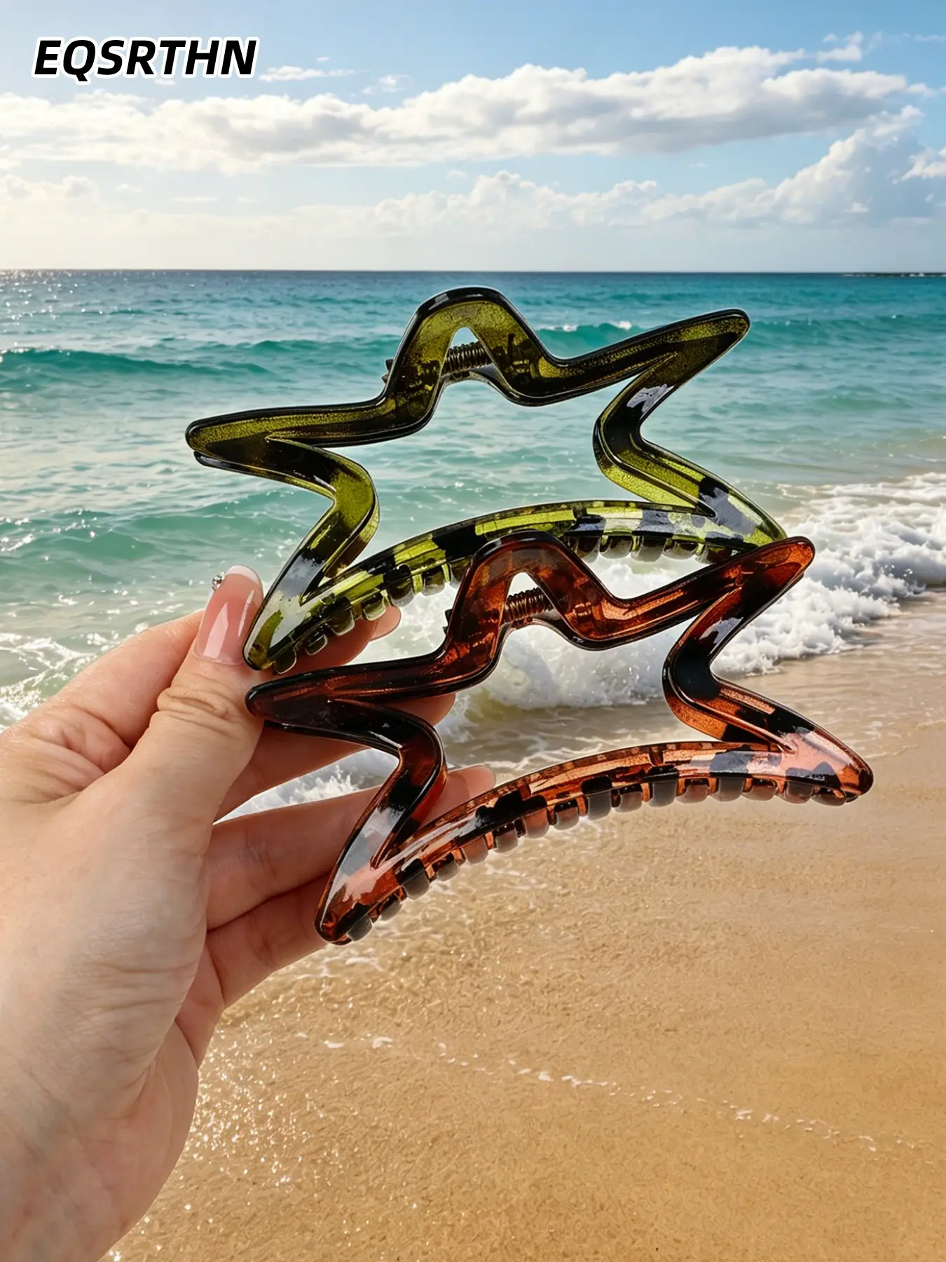2 Pcs Large Star Hair Claw Clips, Fashion Hair Accessories, Hollow Star Shaped Non Slip Hair Clips, Transparent Tortoise Shell and Olive Green Hair Jaw Clips, Hair Claw Set for Thick Thin Hair, Casual Daily Wear, Hair Claws Set
