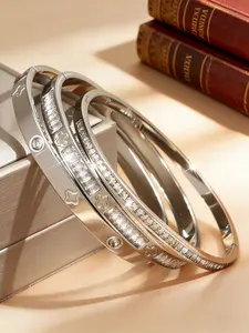 3-Piece Stainless Steel Silver Bangle Set - Minimalist and Elegant, Stackable, Sparkling Jewelry - Date Night - Exquisite Gift for Girlfriend