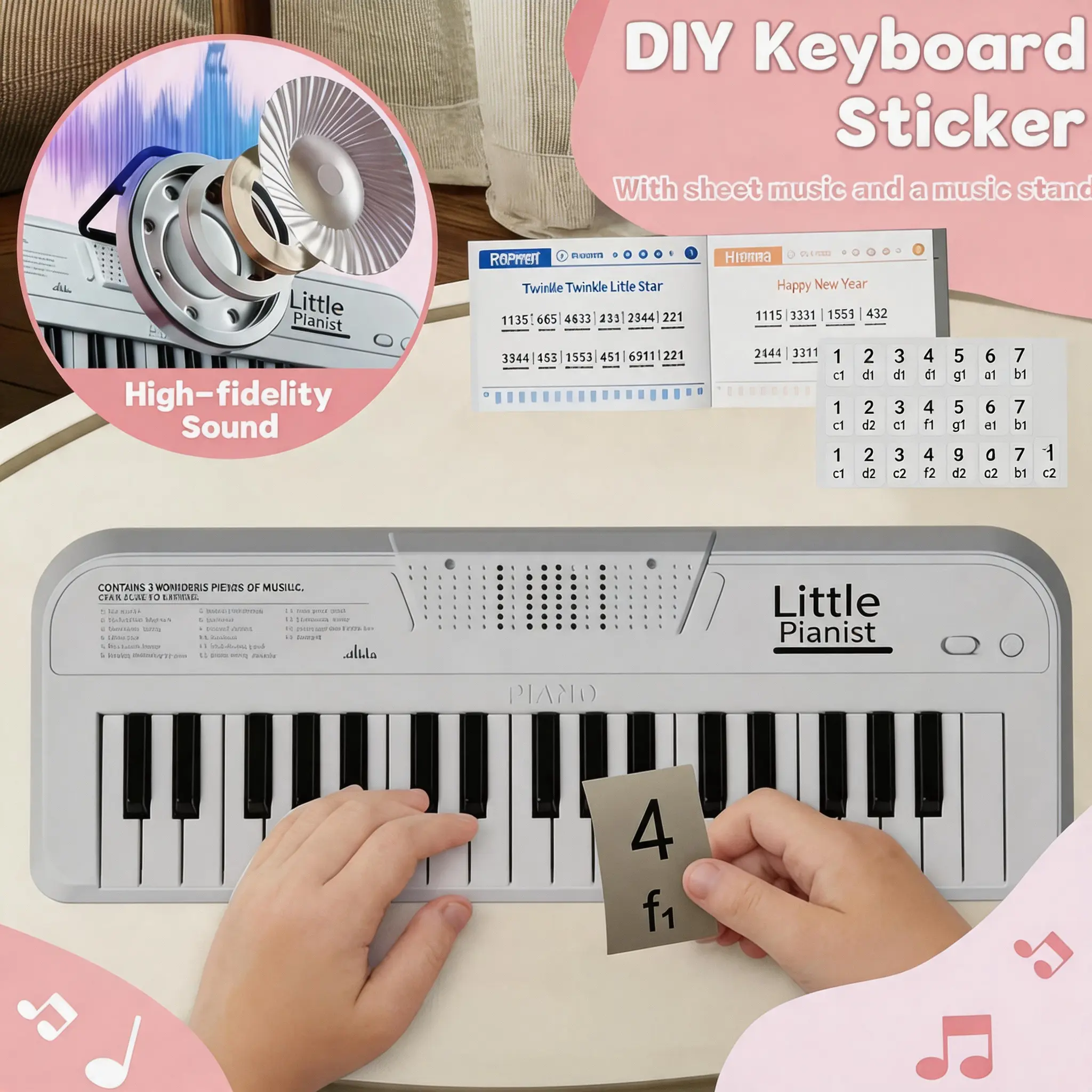 Kids Mini Electronic Keyboard with music sheet, Hi-Fi sound quality. Ideal for kids' music enlightenment and piano practice.