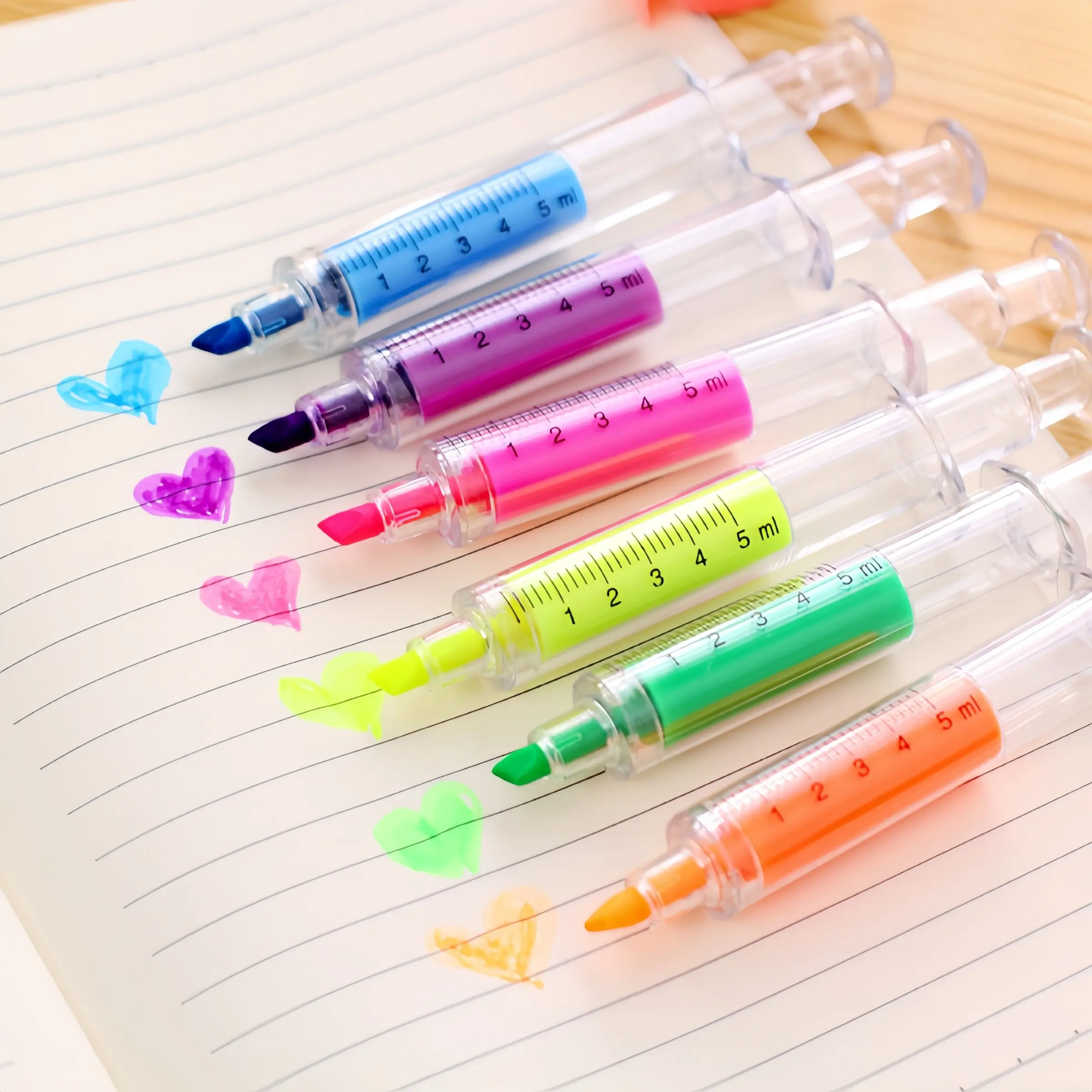 6-Pack Cute Syringe Highlighters, Unique Needle Design, Colorful Ink, Transparent Body with Scale, Office, Study, Students, Creative Projects, Nurse Gift, Back-To-School Gift