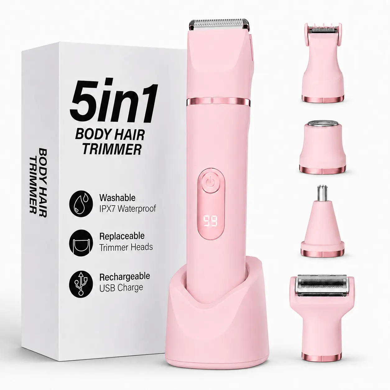 5-in-1 Bikini Trimmer for Women, Electric Razors Shaver IPX7 Waterproof, Cordless Body Hair Trimmer, Ceramic Blade, Facial & Pubic Hair Removal, Travel Portable grooming kit