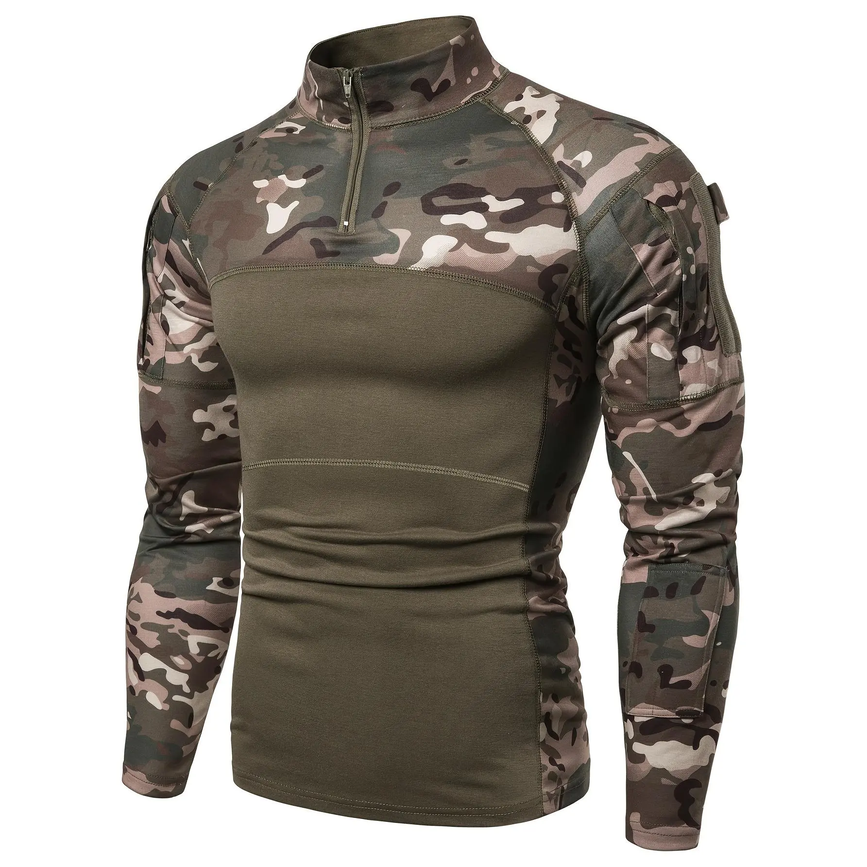 European and American Men's Middle East Outdoor Camouflage Multi-pocket Long Sleeve T-shirt Henley Shirt Top Casual Streetwear Grey