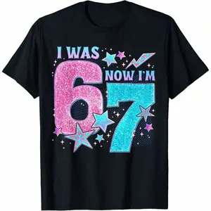 I Was 6 Now I'm 7 Six Seven Funny 7th Birthday T-Shirt Number Design Cotton Kids Short Sleeve Loose Fit Round Neck Casual Age 6 To 7 Year Old