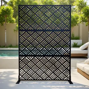 Gaomon Weighted Galvanized Steel Modern Laser-Cut Rectangular Outdoor Privacy Screen, 71x47 in 3-Panel Freestanding Panel, Hanging & Climbing Plant Support, Easy Setup, Ideal for Patio, Black, Three Panels