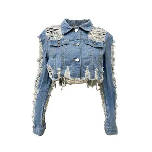 Women’s distressed hemp denim jacket with a front button closure and exposed navel; fashionable casual style with pockets, long sleeves, and a collar for everyday outdoor wear; autumn and winter women’s apparel; GARMENTARY women’s clothing