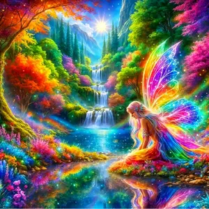 5D Diamond Painting Kit for Adults, Rainbow Fairy with Glowing Wings in Enchanted Forest Waterfall, Full Round/Square Drill Diamond Art Craft, DIY Rhinestone Cross Stitch Picture for Home Wall Decor, Magical Fantasy Theme Gift for Fairy & Nature Lovers