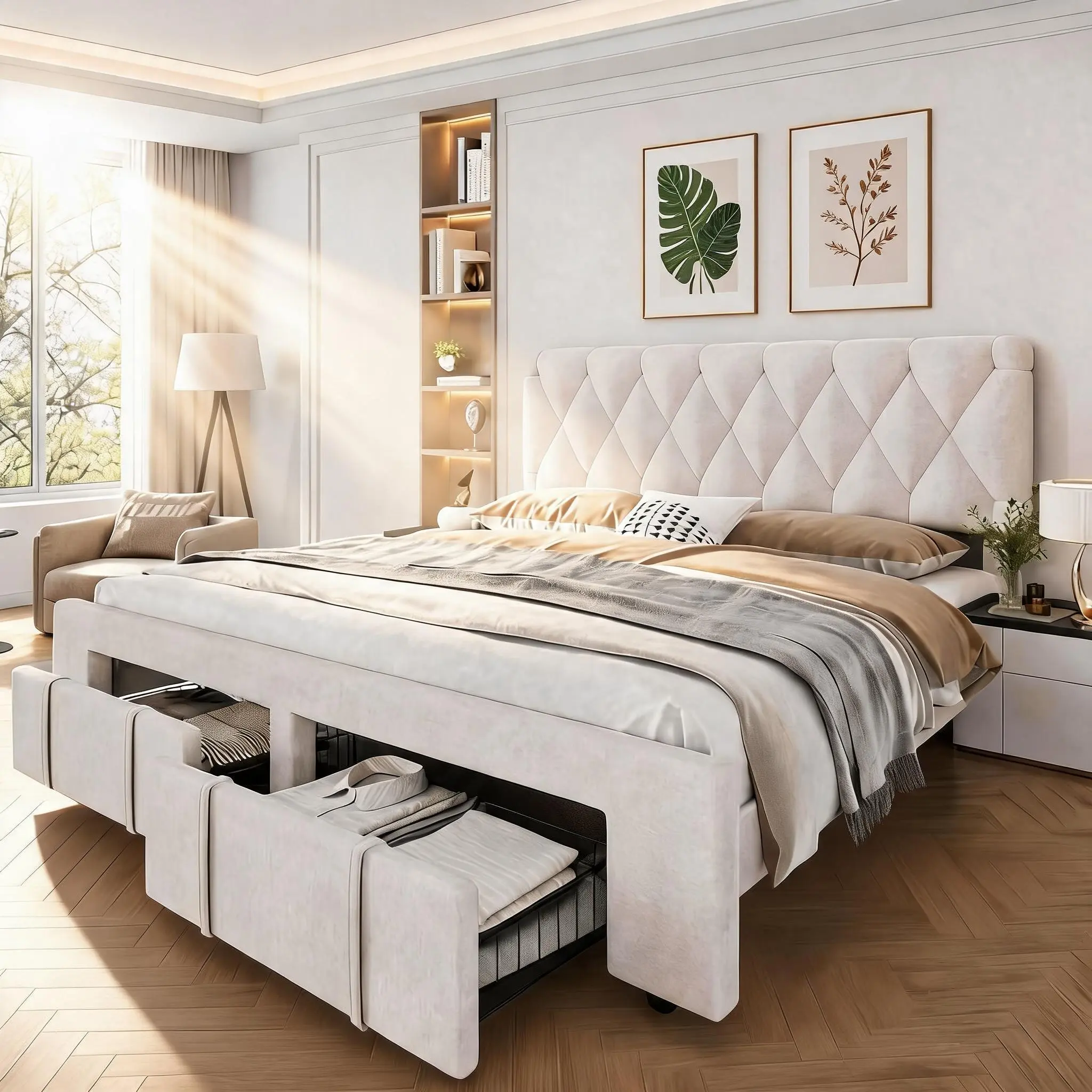 Queen/King/Full Size Upholstered Platform Bed Frame Solid Wooden Slats Bed Frame w/ 2 Storage Drawers Mattress Foundation, No Box Spring Needed