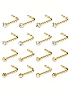 16 Piece Fashion Simple Style Stainless Steel Nose Studs, Low Allergy, Unisex, Round Ball Design, Zircon Inlay, Four Sizes Available, Nose Piercing Jewelry