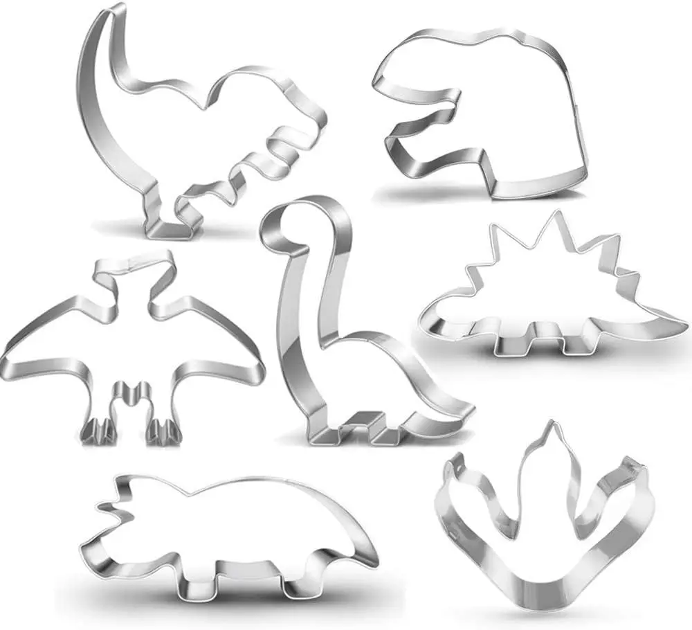 7 pieces dinosaur shaped cookie cutting set, stainless steel dinosaur shaped cutting set, including Tyrannosaurus rex, Brachiosaurus, Triceratops and other shapes, suitable for dinosaur themed birthday parties&children's baking activities