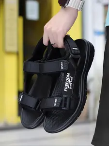 Men's Casual Sport Sandals, Trendy Solid Color Letter Design Round Toe Sandals, Fashionable Sandals for Summer Beach Wear, National Day Offers, Casual Outdoor Sandals, Outdoor Sports Sandals, Sporty Sandals