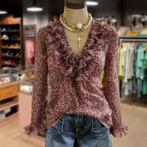 Cherrybetty Leopard Print Ruffle Neck Long Sleeve Mesh Blouse Sweety Comfort Elegant Outfits Spring Fashion Outfit Inspo Going Out Tops For Women