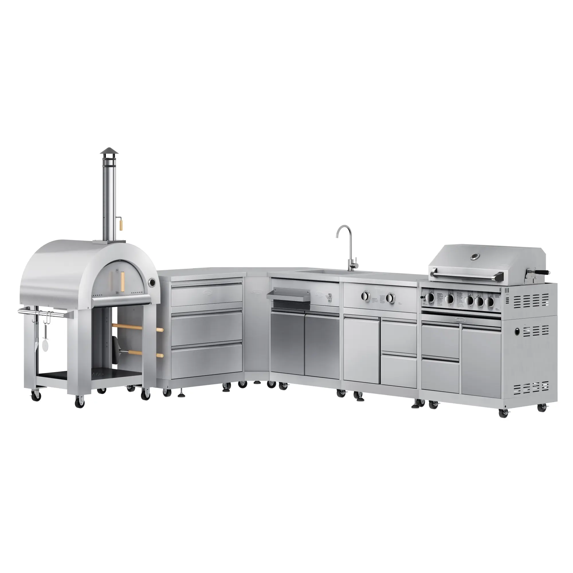 KoolMore Outdoor Kitchen Series Modular Kitchen with a Wood fire Pizza Oven, 3 Drawer Cabinet, Corner Cabinet, Sink, Side Burner, 30 in. BBQ Grill and Cabinet in Stainless-Steel (KM-OKSKIT-CONFIG110)