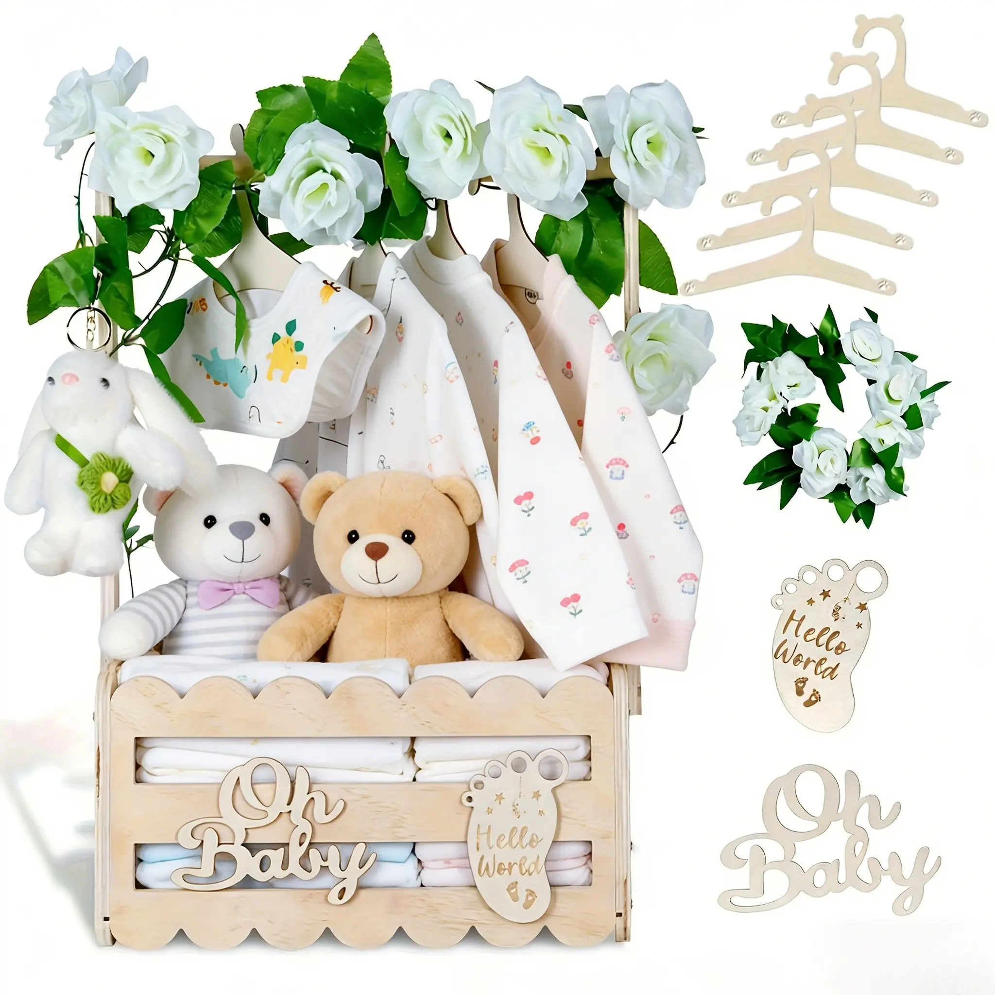 Wooden Baby Shower Crate Closet with Handle, Storage Basket, 5 Baby Clothes Hangers, Artificial Garland, Newborn Gift Basket, Clothes Baskets, Nursery Baskets, Room Organizers, Room Organization Products, Basket with Handles