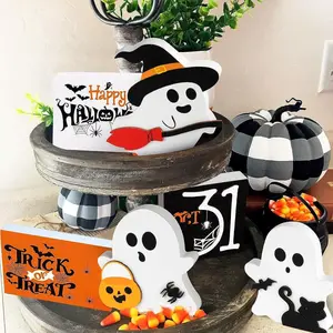 Set of Three Cute Cool Creative Halloween Decorations, Wood Flower Pot Ornaments, Ghosts, Perfect for Birthdays and Graduations