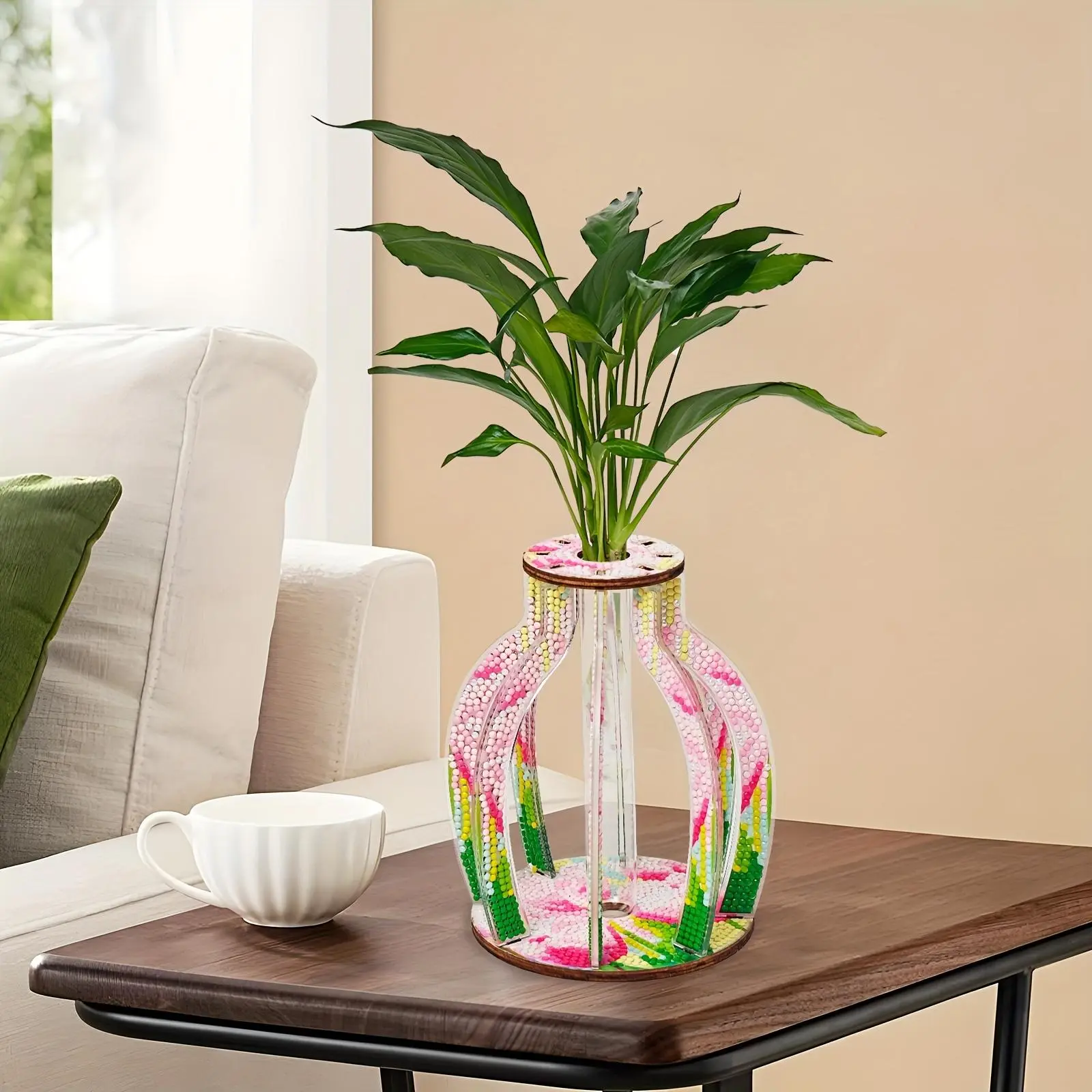 Handmade DIY Drill Retro Flower Pink Vase Wooden Acrylic Jigsaw Puzzle 3D Crafts Desktop Decoration Mosaic Diamond Painting Kit 5x6.1in Round Drills for Home Office Living Room Vase Decor