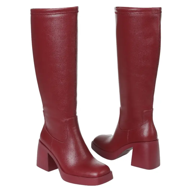 Women's Solid Burgundy Knee-High Platform Chunky Steadier Block Heel Boot Heels, Square Toe, Side Zip, High Heeled Booties, Statement Fashion Footwear, Statement Shoes, Stable Chunky Heel