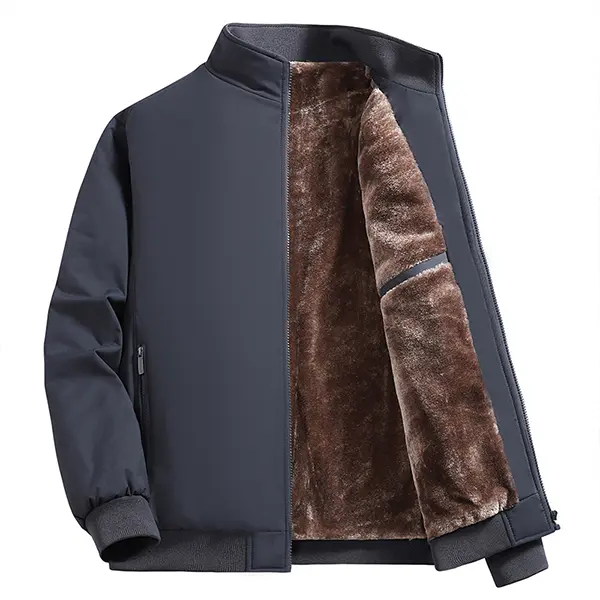 Men's Casual Dark Gray Fleece Lined Menswear Jacket - Classic, Long Sleeve, Plain, Stand Collar, Full Zipper, Winter Tops, Stylish Comfortable Outerwear