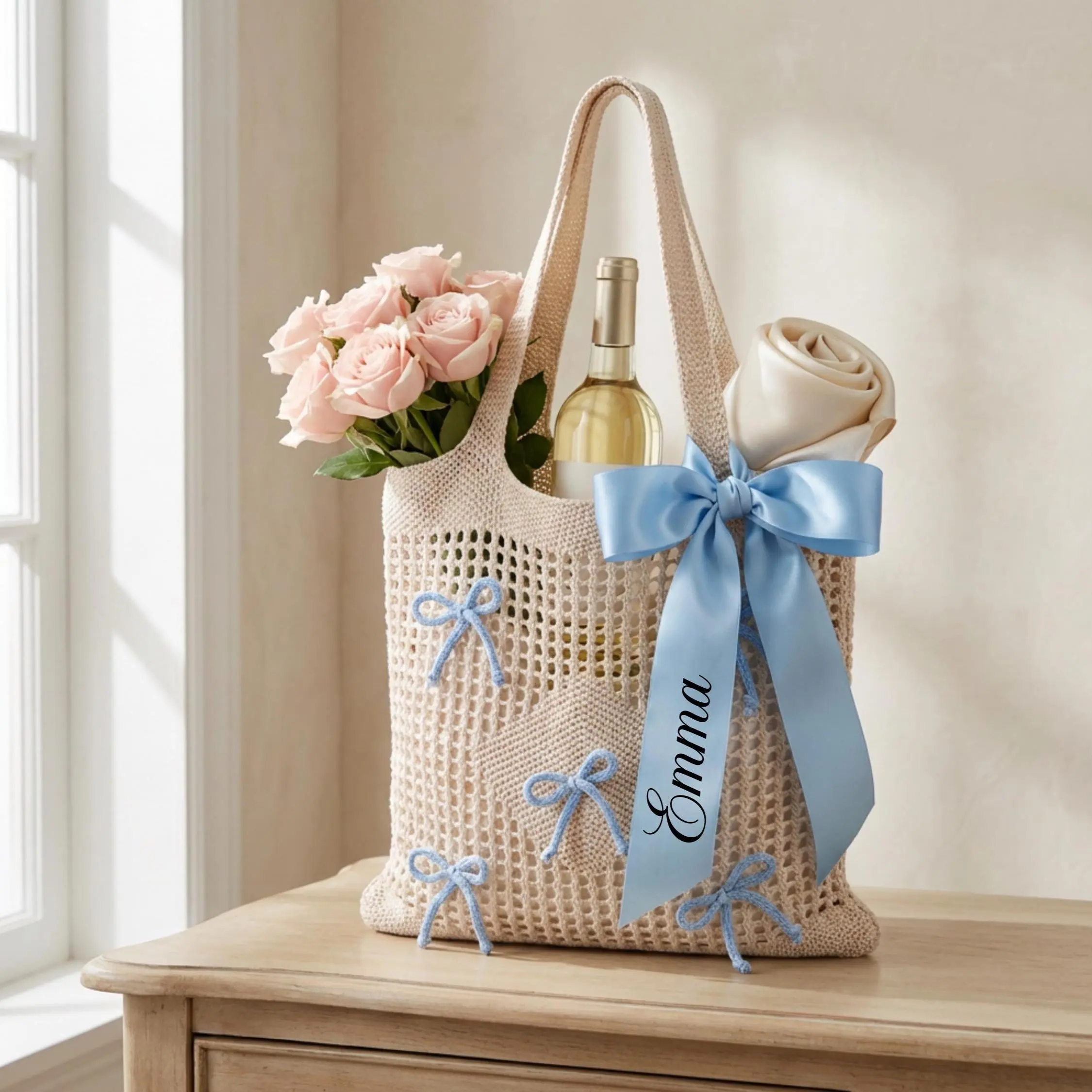Crochet Bow Tote Bag Bride Bachelorette Gift Something Blue Bridal Shower Tote Coquette Bride Bag Personalized Bridal Beach Honeymoon Bag