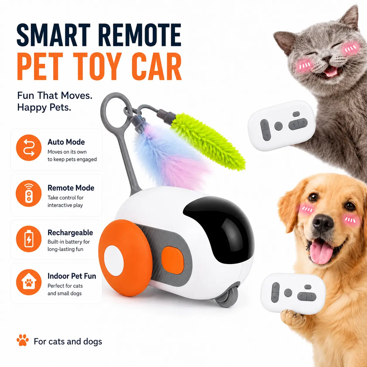 Smart Remote Control Pet Toy Car for Cats & Dogs – Automatic Moving Chase Toy with Feather Teaser, Obstacle Avoidance Sensor, USB Rechargeable Interactive Indoor Pet Enrichment Fun Toy