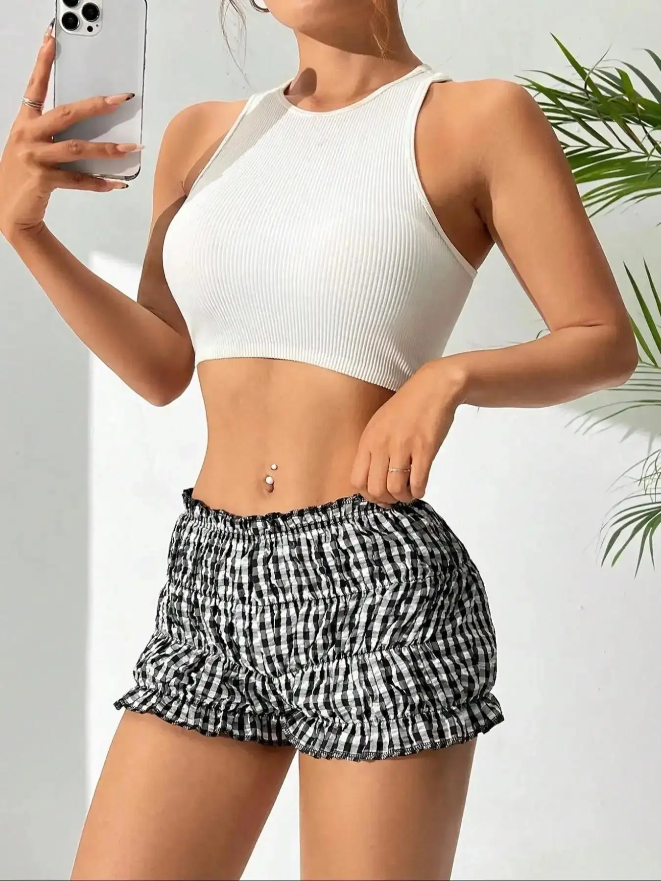 Women's Gingham Micro Fitted Shorts, Casual Comfy Breathable for Daily Wear, Ladies Bottoms Summer, Womenswear, Scrunch Checkered minimalist trending now relaxed fit day to night