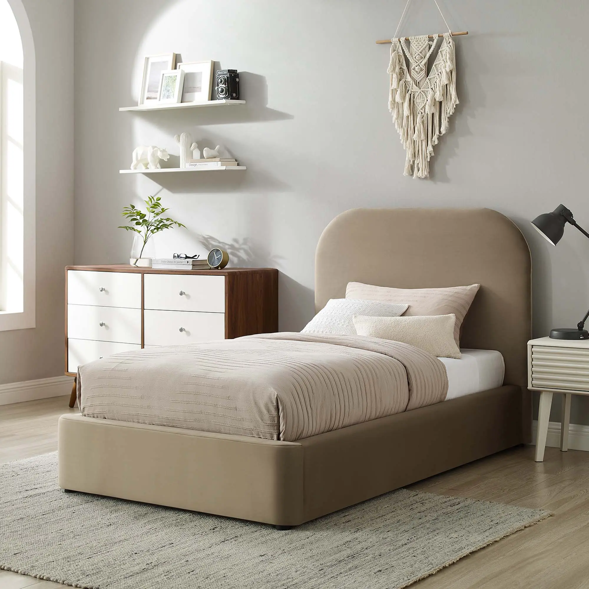 Modway Keynote Modern Single Twin Velvet Bed Frame - Taupe Upholstery, Elegantly Upholstered Headboard, Non-Marking Caps, Assembly Required, Velvet Bed Frames