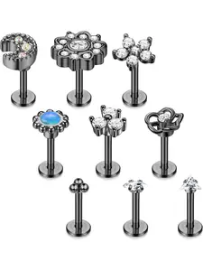 Glamorous 9 Pcs Black Cartilage Earring Studs 16G Stainless Steel Stud Earrings for Women Men Internally Threaded CZ Flower Moon Cartilage Helix Conch Tragus Earrings Lip Rings Nose Labret Studs Medusa Piercing Jewelry Set