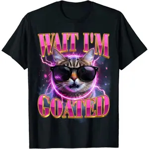 Funny Silly Cat Brainrot Meme T-Shirt, Viral "Wait I'm Goated" Cat Graphic Tee for Men Women  Casual Tops