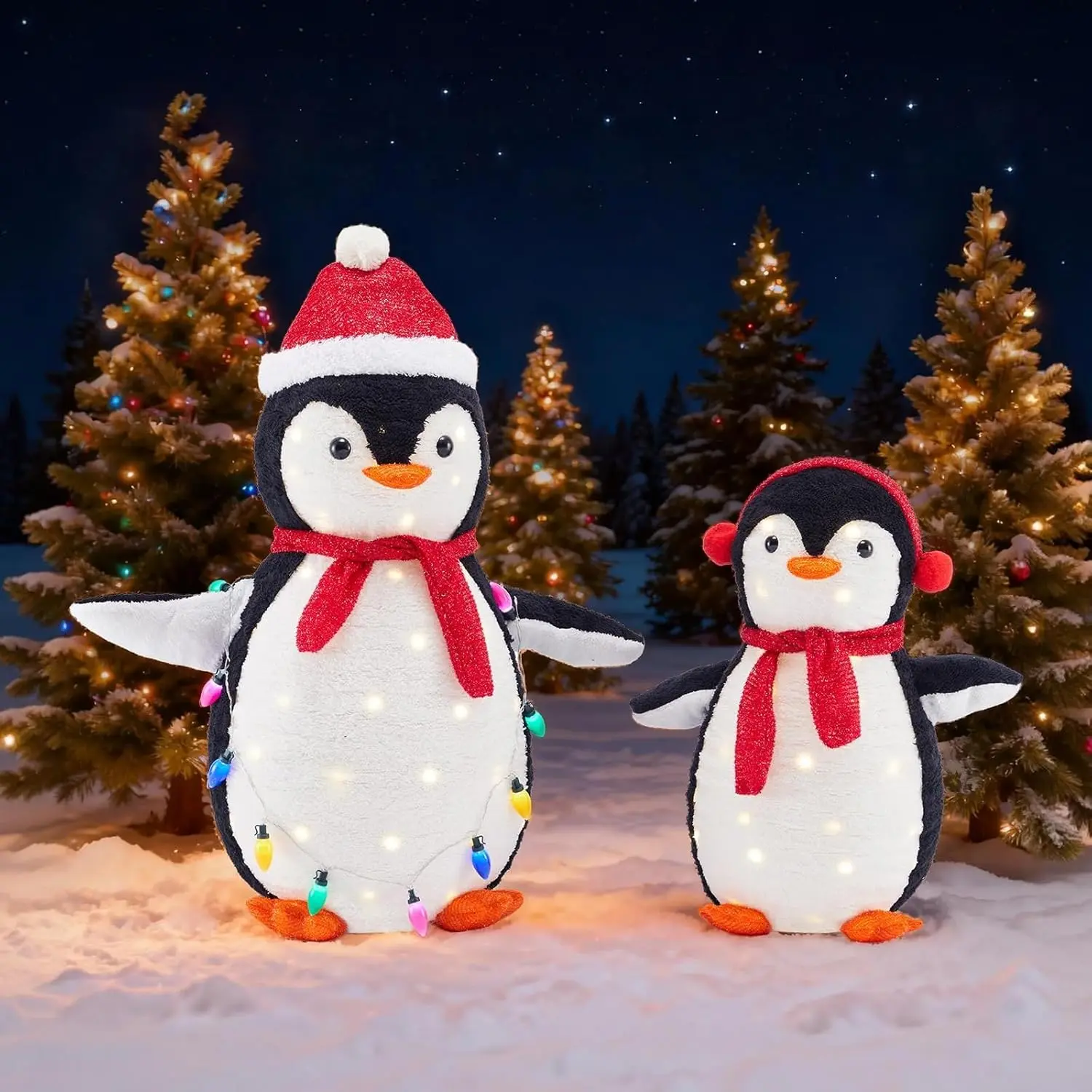 Festive Penguin Duo Outdoor Christmas Decor, Weather-Resistant Pop-Up Penguins with Chick, 150 LED Multicolor Outdoor Party Light String, Easy Stake Setup for Storefronts, Yards