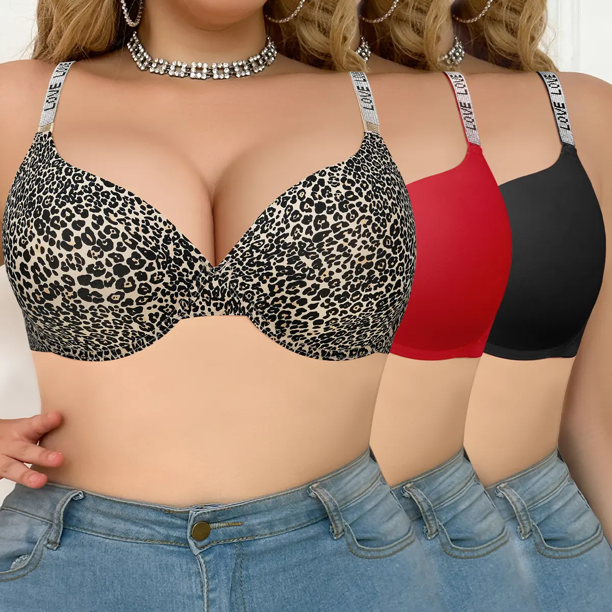 【DealsForYouDays】Mimilemon 3 PCS Plus Size Push-up Push Up Bras Sexy Love-Strap Leopard Print & Comfy Busty Fit for Women Comfortable Everyday Wear Valentine's Day perfect valentine Gift plus size SummerWins
