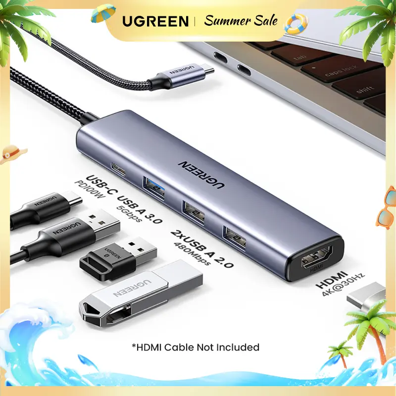 UGREEN 5in1 USB C Hub（HDMI Cable Not Included) Type C to PD 100W Power Delivery, 4K@30Hz HDMI,  3 USB-A 5Gbps Data Ports, Type C Multiport Adapter for Macbook Air Pro, iPad Pro, XPS, Computer Accessories,Summer Sale
