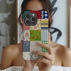Vintage plaid patchwork case with quilted style, Patchwork Phone Case, Cottagecore Floral Gingham Retro Cover, gift