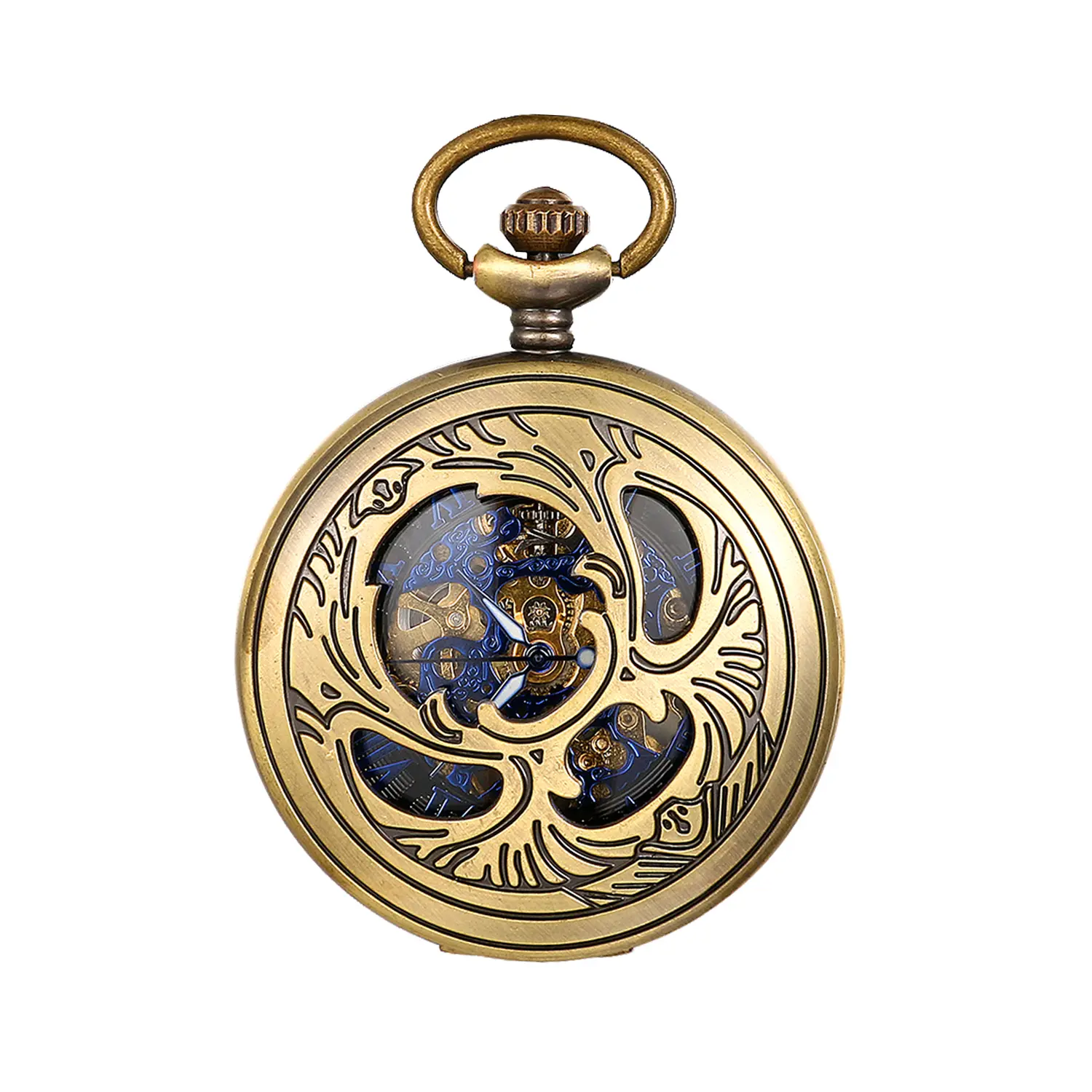 OIDEA Antique Bronze Skeleton Automatic Mechanical Pocket Watch with Roman Numerals