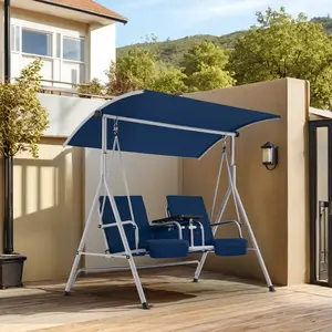 2-Seat Patio Porch Swing with Stand, Outdoor Swing Chair with Adjustable Canopy & Cup Holders for Backyard, Garden & Deck