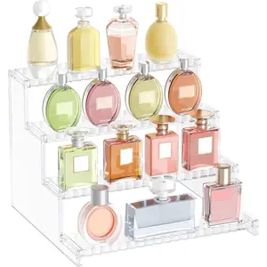 4 Tier Clear Display Riser Stand with Decorative Secure Fences, Tool-free Assembly, Plastic 12 Inch Perfume Organizer, Display for Figures, Cupcake, Dessert, 1-pack