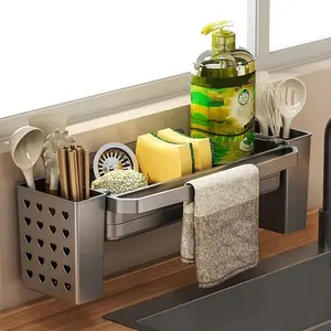 Pp Sink Drain Rack with Removable Draining Tray, Sponge Holder for Kitchen Sink, Kitchen Accessories , No Drill, Kitchen Metal Sponge Drain Holder, Multifunctional Storage Rack for Home, Brush, Dishwashing Liquid, Soap Organizer