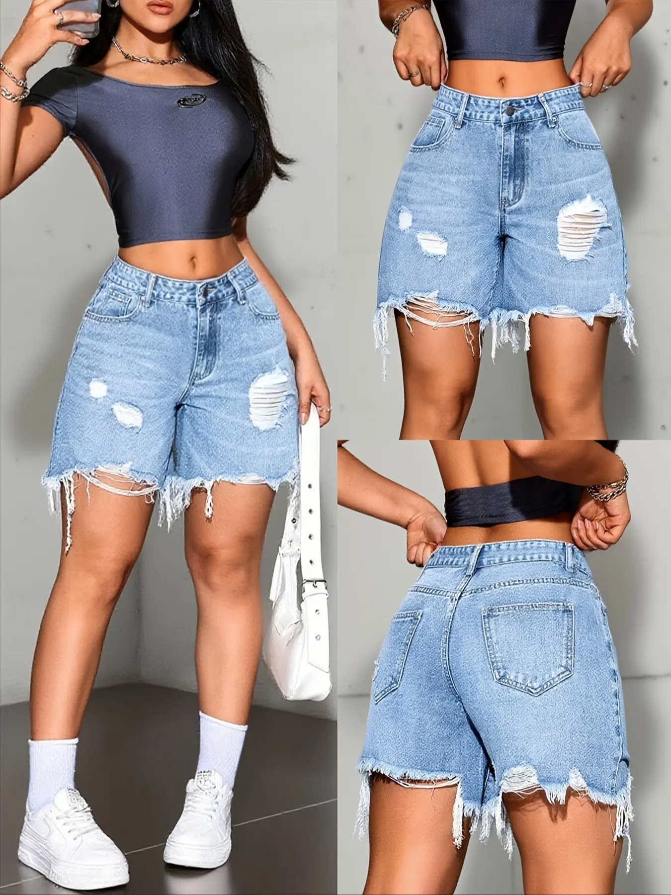 Women's Loose Fit Ripped Frayed Hem Shorts, Vintage Light-Wash Denim, Casual Streetwear, Comfortable for Spring, Summer and Fall, Perfect for Work, Parties and Commuting, Womenswear