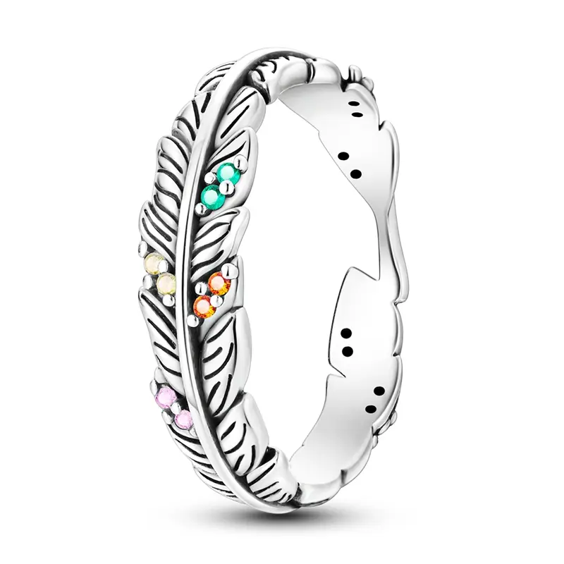 Women's 925 Sterling Silver Feather Ring - Antique Finish, Colorful Accents, Adjustable Size, Bohemian Vibe, Charm Stacking Ring for Birthday, Everyday Nature Jewelry, 925 Rings, Boho Rings