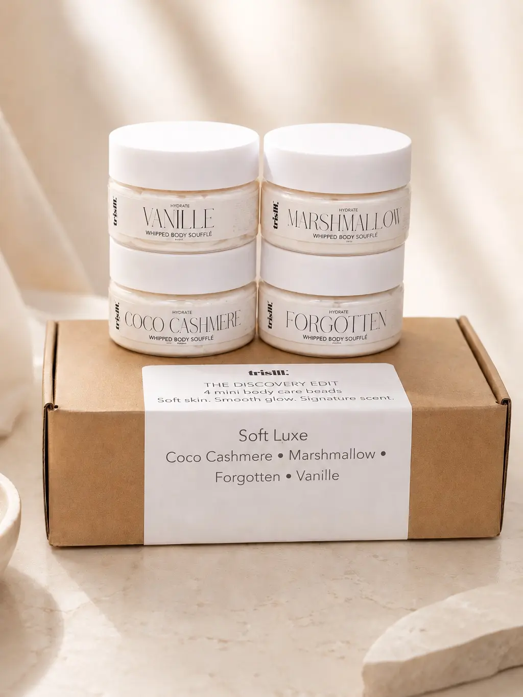 tris111. Soft Luxe Discovery Set | 4 Mini Scented Whipped Body Soufflés | Vanilla, Marshmallow, Cashmere and Cherry Scents