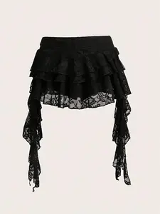 Low Waist Casual Lace Wave Hem Fitted Mini Skirt, Stylish Summer Skirt for Women, Perfect for Everyday and Casual Occasions, Ruffled Lace Skirt