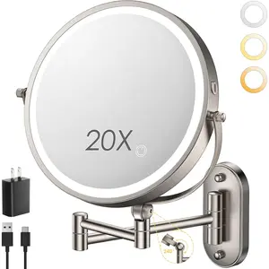 9" Wall Mounted Lighted Makeup Mirror,4000mAh Rechargeable Double Sided 1X/20X Magnifying Mirror with Light, Dimmable,Extended Arm 360 Rotation Wall Mounted Makeup Mirror 3 Color Lights-N