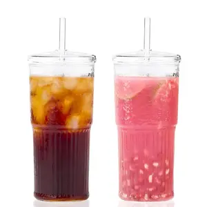 Amzcku 20oz Glass Cups with Lids and Straws – 2PCS Reusable Tumbler, Thickened Shatter, Resistant Glass, Ideal for Iced Coffee, Smoothies, Cocktails, Juices – Elegant & Durable Drinkware