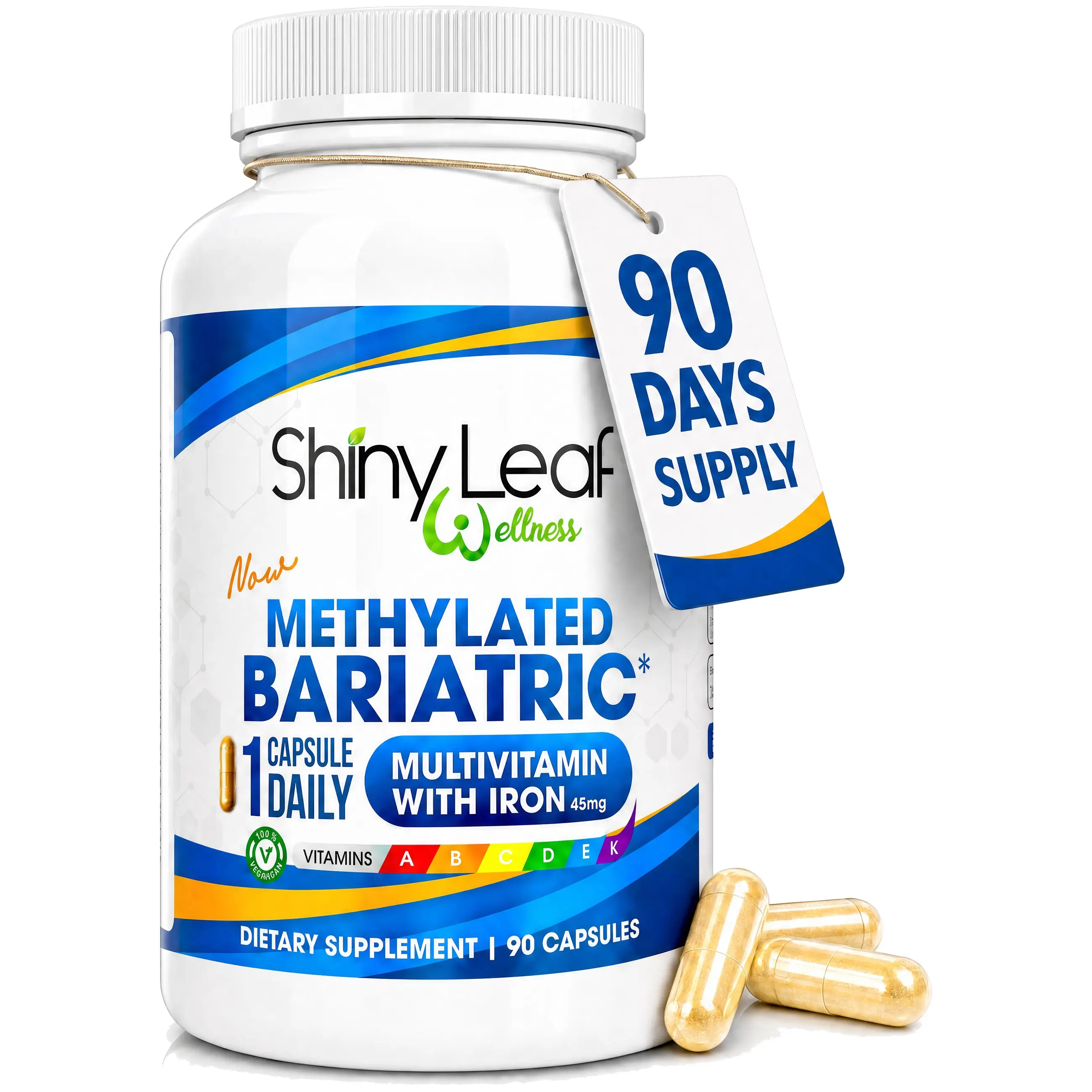 Bariatric Daily Multivitamin Supplement with 45mg Iron - Once Daily Capsule for Post WLS Gastric Sleeve & Bypass, 22 Vitamins & Minerals, Methylated B12 & Folate, ASMBS Recommended Values to Prevent Deficiencies, Dietary, Iron-Rich Blended Vitamins And Mi