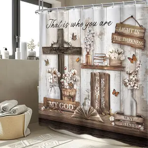 Shower Curtain Country Bible Verse Farmhouse Cross Butterfly Inspirational Quotes Modern Plant Decor Shower Curtain with Hooks