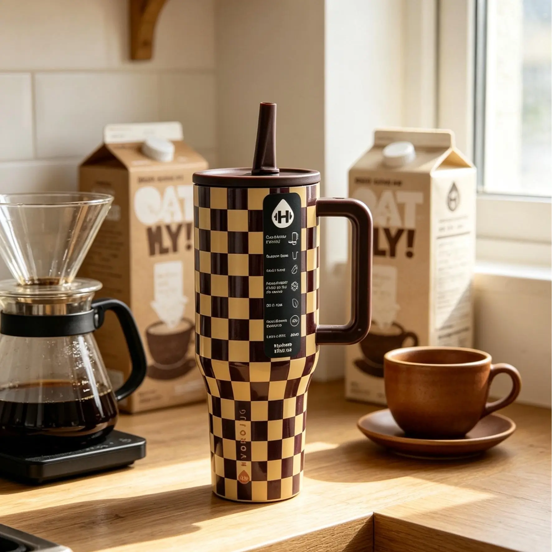 HydroJug 40oz Stainless Steel Insulated Vacuum Flask Bottles - Stylish, Leakproof Flip Lid, Brown Checkered Handle Drinkware, 24H Cold Retention, Car Cup Holder-Friendly Sports Coffee Tumbler