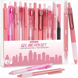 12PCS Gel Pens Set with Highlighter - 0.5mm Fine Point Black Ink, Retractable Caps, Fast Drying Office Accessories for Precise Write, Journaling (Red)