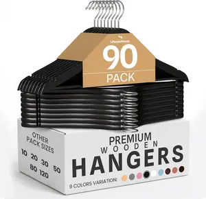Home Premium Wooden Hangers 90 Pack - Durable & Slim Coat Hanger - Suit Hanger with 360-Degree Rotatable Hook - Wood Hangers with Shoulder Grooves (Black Color)