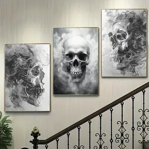 Three-Piece Frameless Skull Smoke Wall Art Decor, Holiday Party Decoration, Canvas Print Style, Home Decor for Living Room Bedroom Bathroom, Artwork